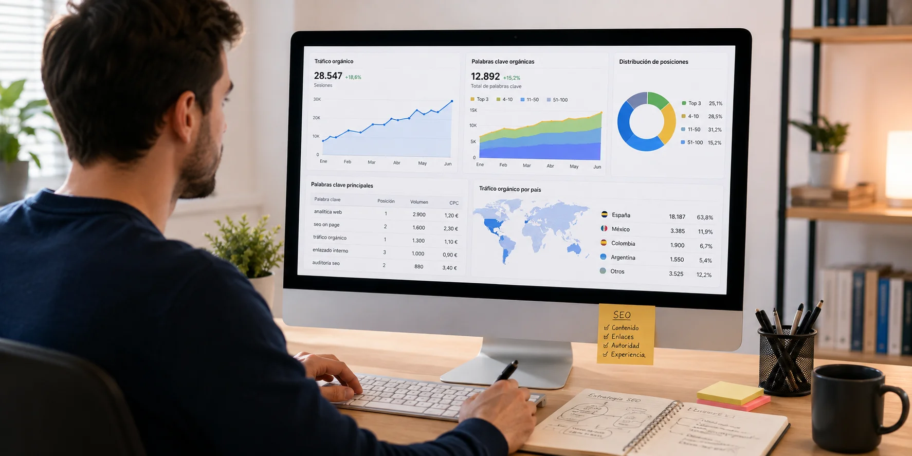 Persona analitzant el trànsit orgànic i les paraules clau d'una web en un ordinador